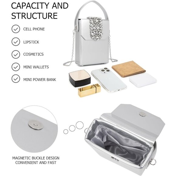 ⚡Women's Evening Rhinestone Box Detachable Chain Strap Silver Crystal Clutch Bag - Picture 5 of 6